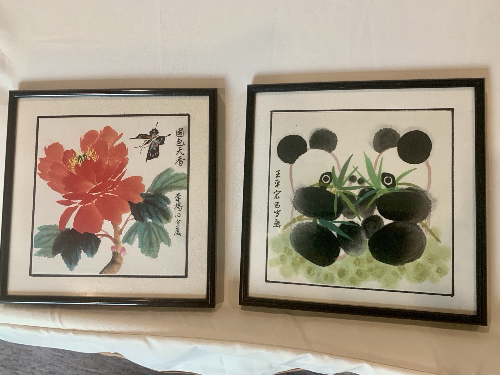 2 Chinese Original Ink and Watercolor Paintings On Paper Framed Under Glass 8×8