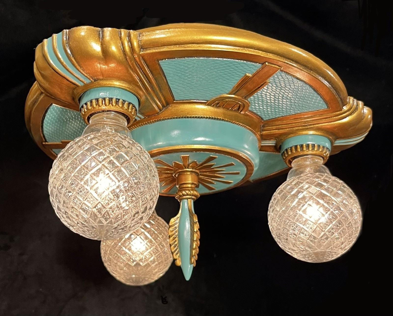 Antique Vtg Art Deco 3 Light Flush Mount Ceiling Fixture Polychrome RESTORED