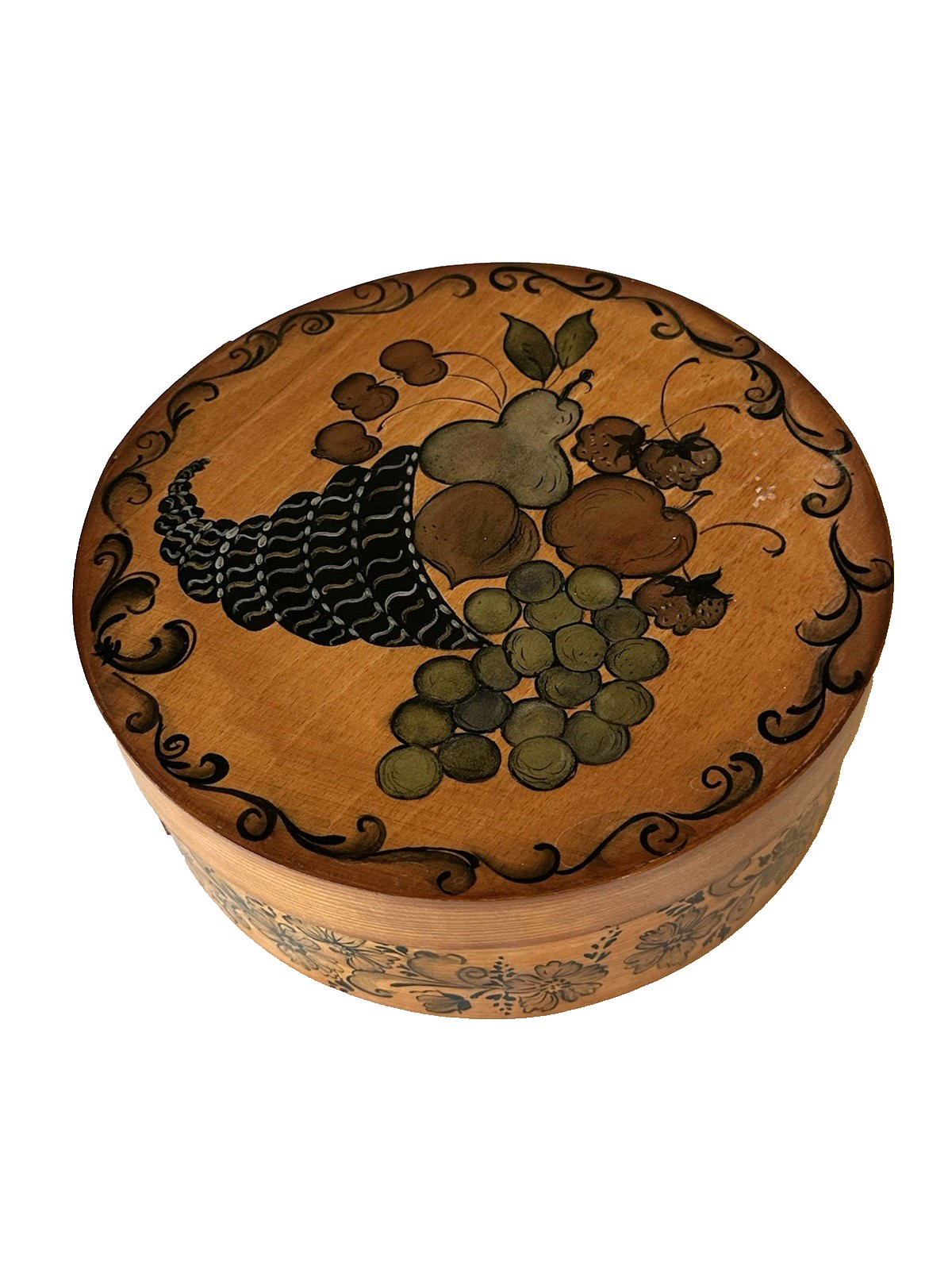 Large Wooden Round Box Primitive Fruit/Hand Painted Bronzing Tech – 1981 Germany