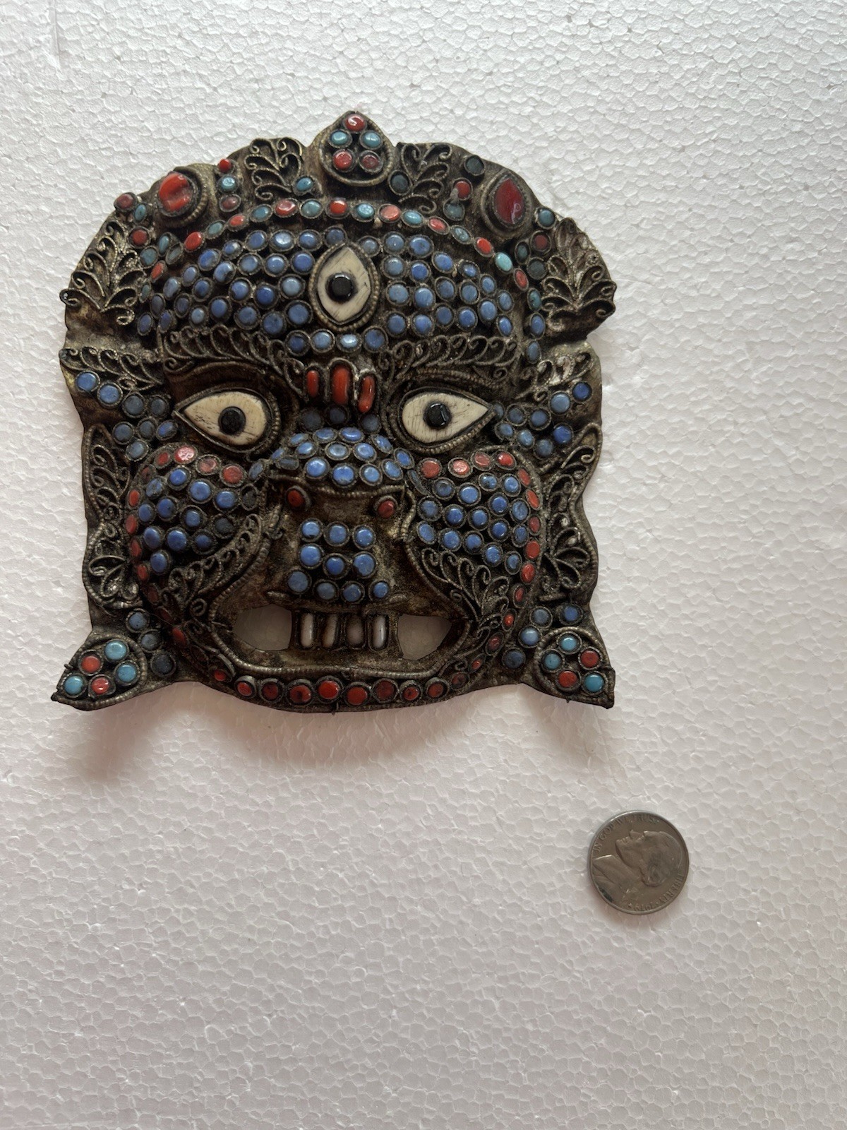 Antique Tibetan Buddhist Brass Inlay Mask of Mahakala, Late 1800s/early 1900s