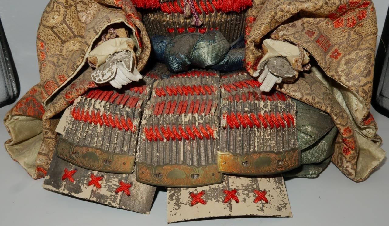 Antique C1900 Japanese Armor Sitting Shogun Samurai Doll Figurine, 12 1/2″