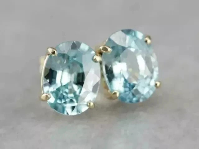 5.00Ct Oval Cut Lab Created 14K Yellow Gold Plated Blue Aquamarine Stud Earrings