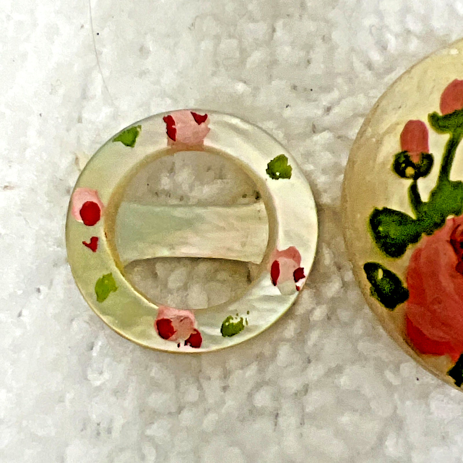 Vintage Hand Painted Flowers Mother of Pearl Button Ribbon Slide