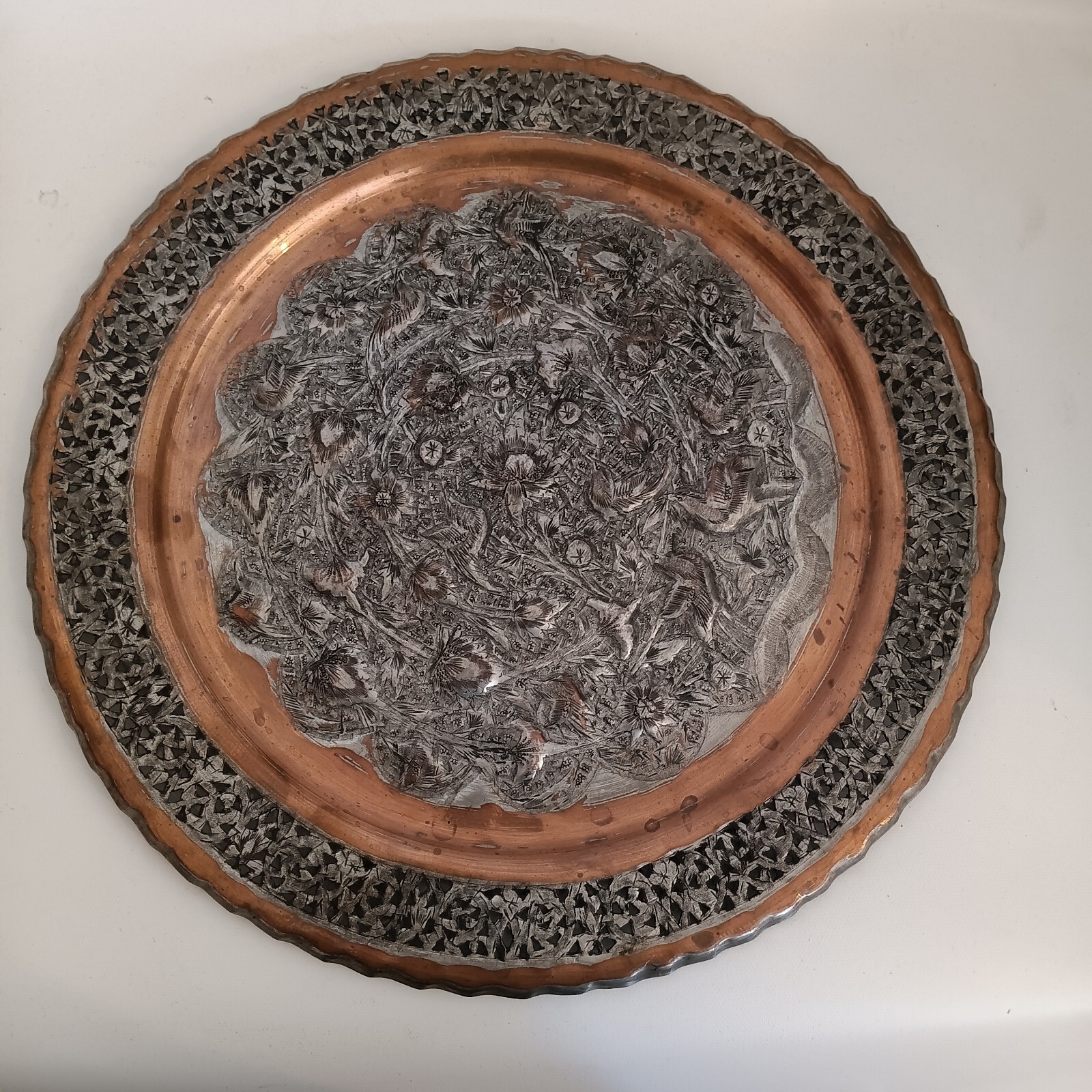 Vintage Floral Middle Eastern Repousse Hammered Copper Metal Tray
