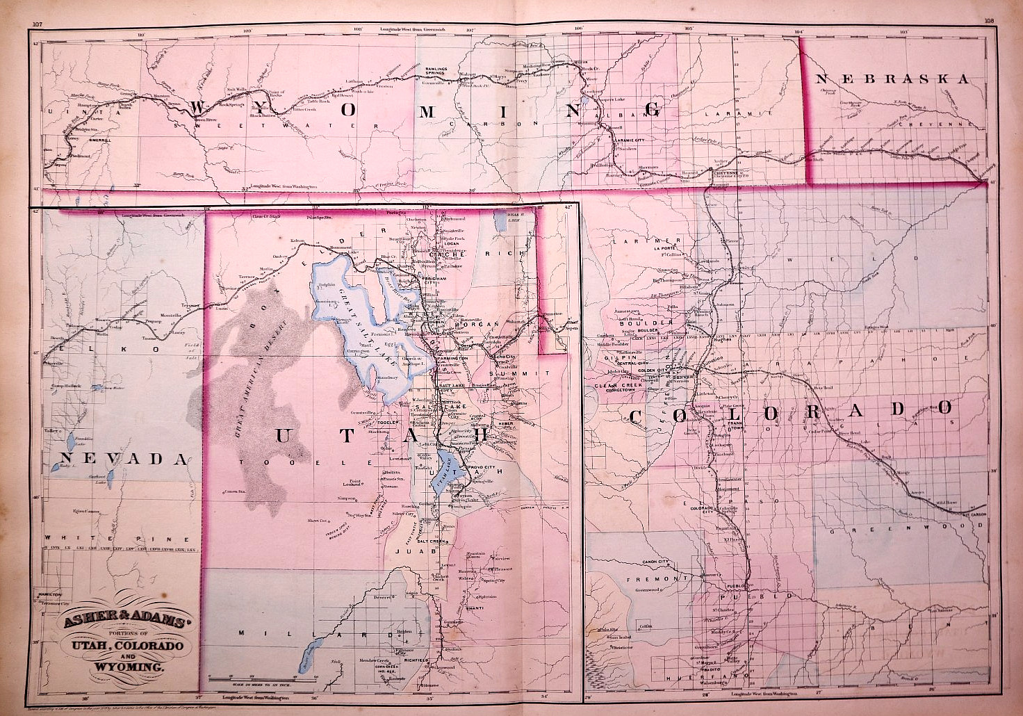 Rare Antique 1872 Map ~ Colorado, Utah & Wyoming Territories by Asher & Adams