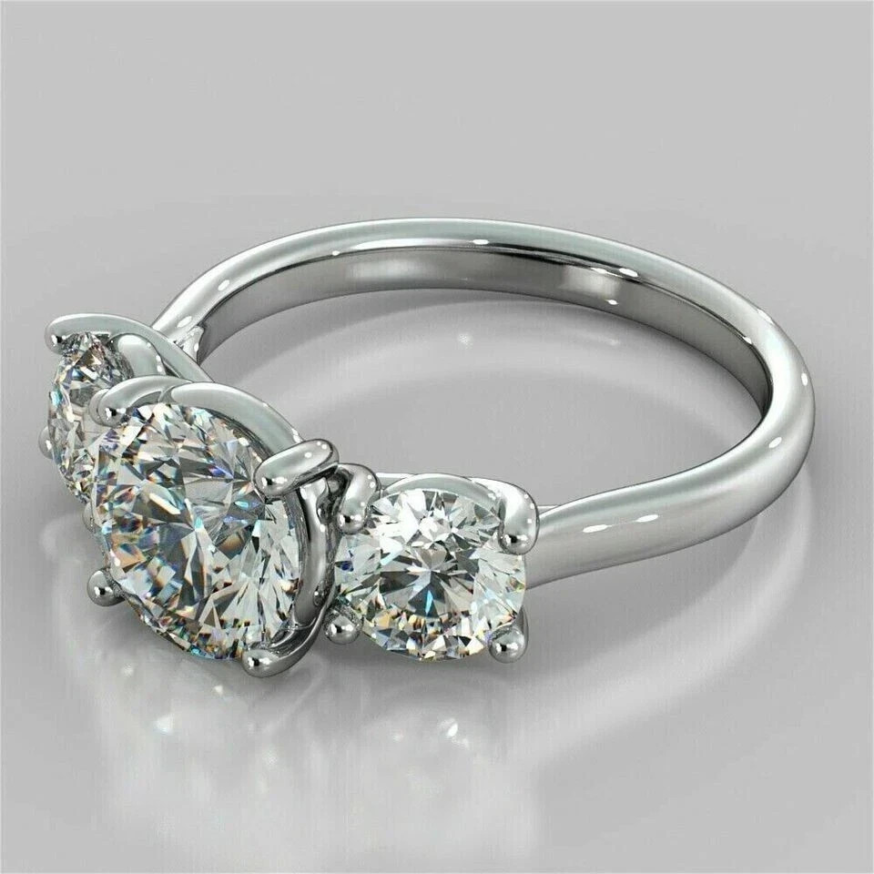 3Ct Round-Cut Lab Created Solitaire 3Stone Engagement Ring 14K White Gold Plated