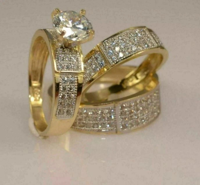His Her Bridal Trio Lab Created Wedding Band Ring Set 14K Yellow Gold Plated