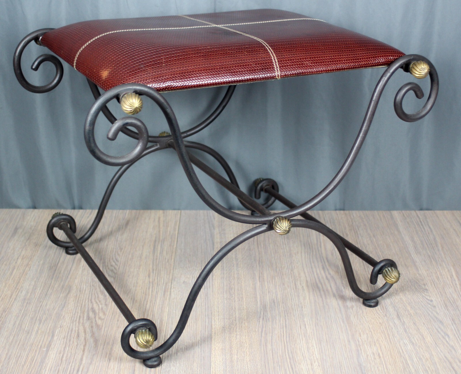 Wrought Iron, brass & leather Curule bench, Spanish Revival, Campaign style