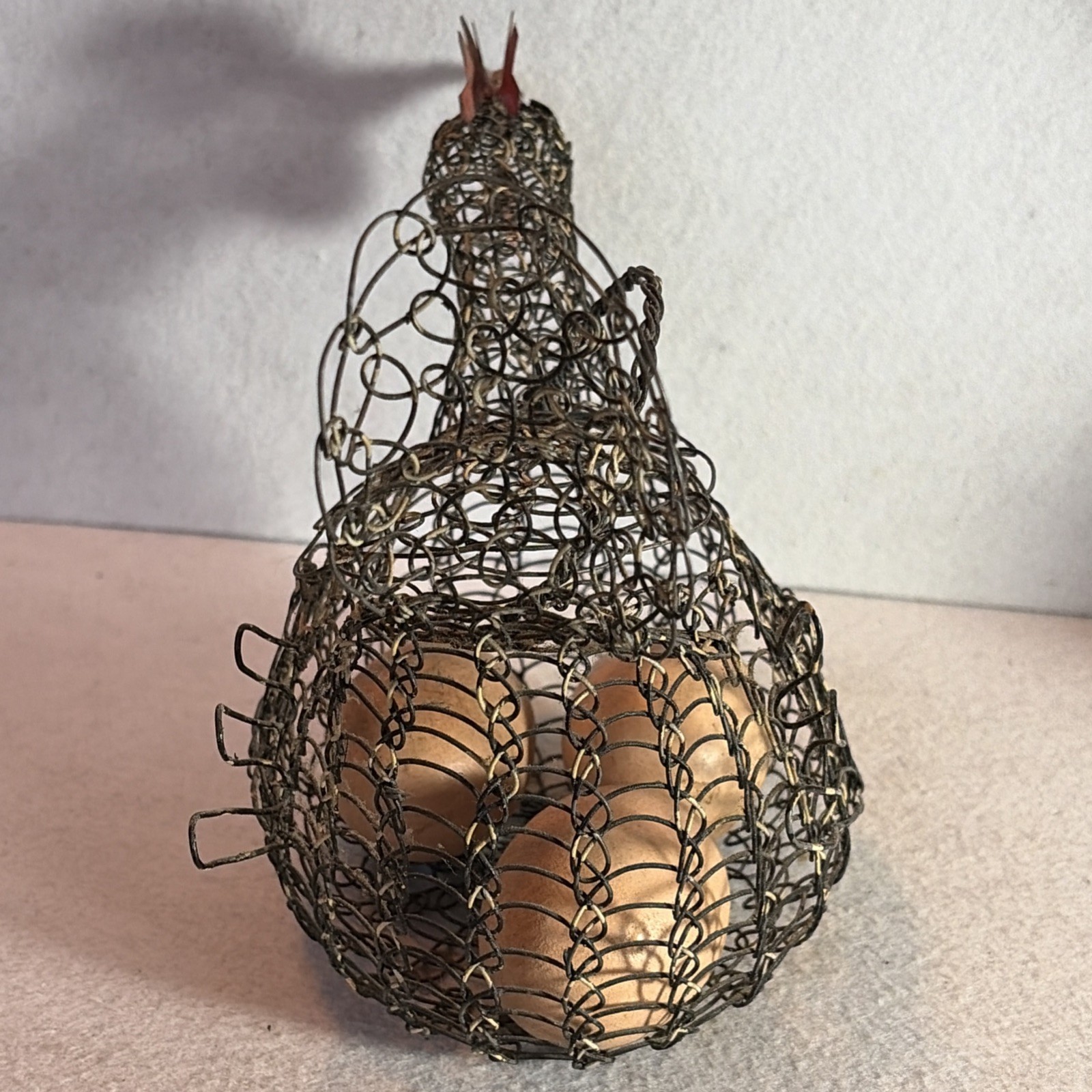Primitive Wire Chicken Egg Basket with 3 Ceramic Eggs