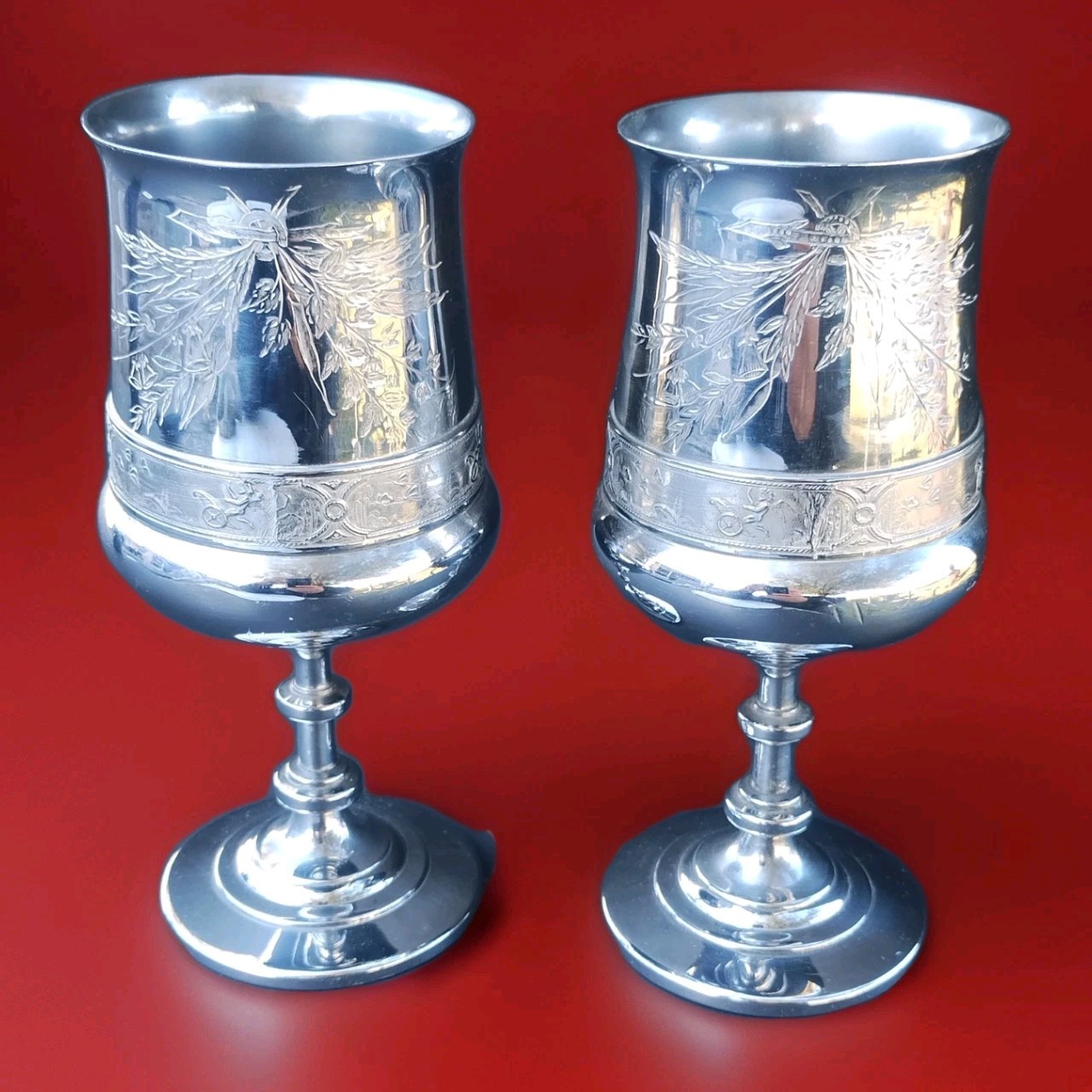 2 REED & BARTON AESTHETIC GOBLETS~CHARIOTS CHERUBS OSTRICH BUTTERFLIES GISSELLE