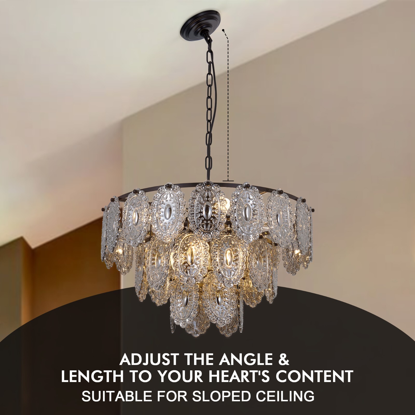 23.6″ Vintage Glass Shield Chandeliers 8-Light 3-Layer Gray Crystal Pendant Lamp