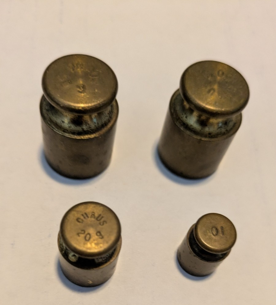 4 Antique Brass Balance Scale OHAUS Weights– No Made in USA– 50, 20, 10 Grams
