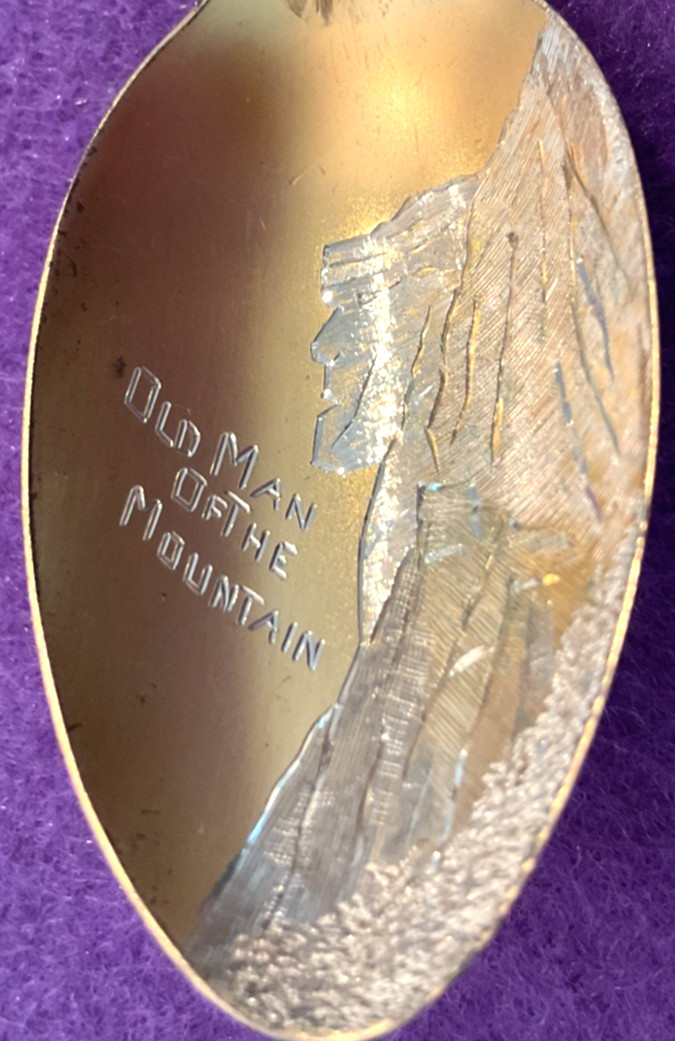 Old Man of Mountain 5.7″ Gold Sterling Souvenir Spoon Enamel Flowers Shepard 22g