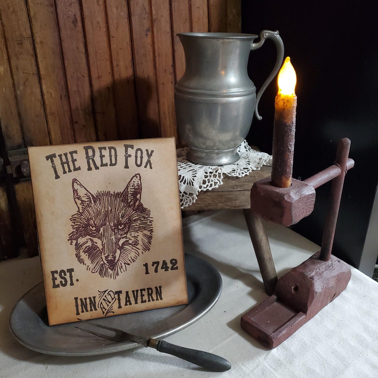 VINTAGE PRIMITIVE FOLK STYLE 1742 RED FOX TAVERN FOOD KITCHEN ADVERTISING SIGN