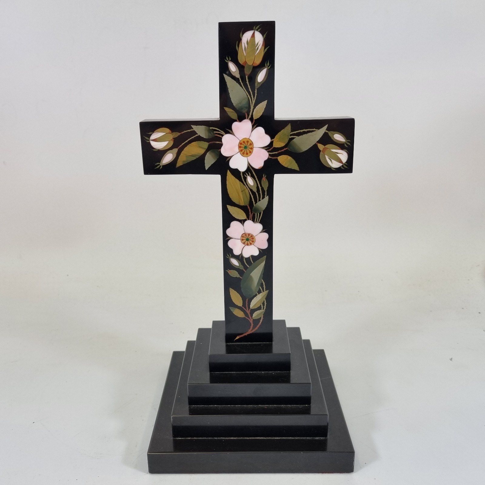 Antique 19thC Ashford Marble Cross Inlaid Dog Rose Flowers 33cm High