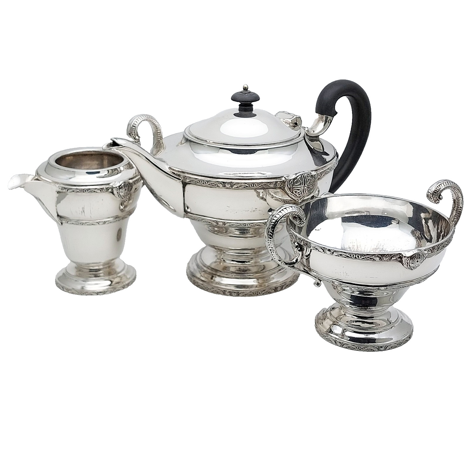 Celtic Lindisfarne Pattern Silver Plated 3 Piece Tea Service Set Atkin Bros