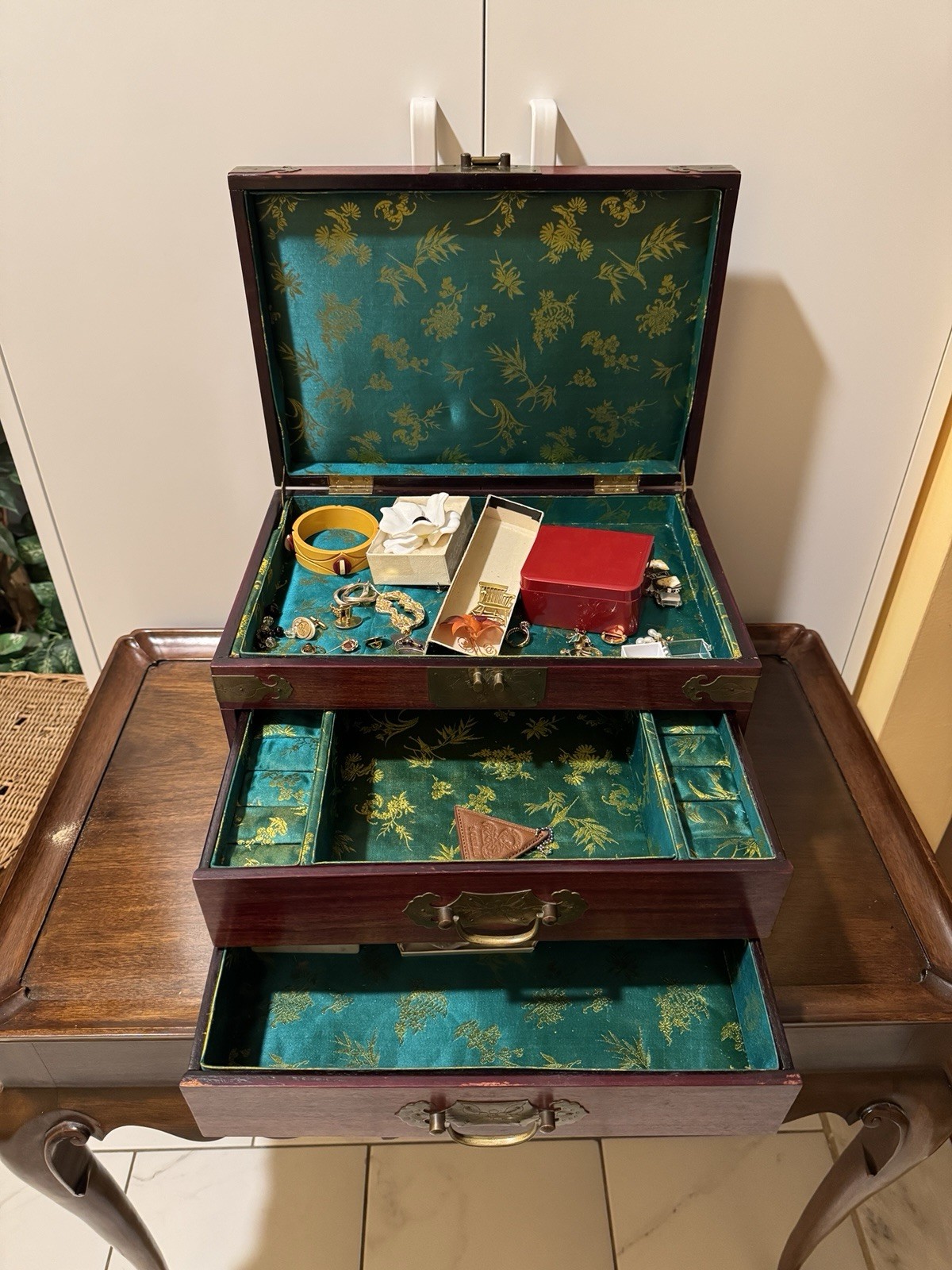 Vintage Chinese Style Wooden Jewelry Box Chest Brass Hardware Ring Storage