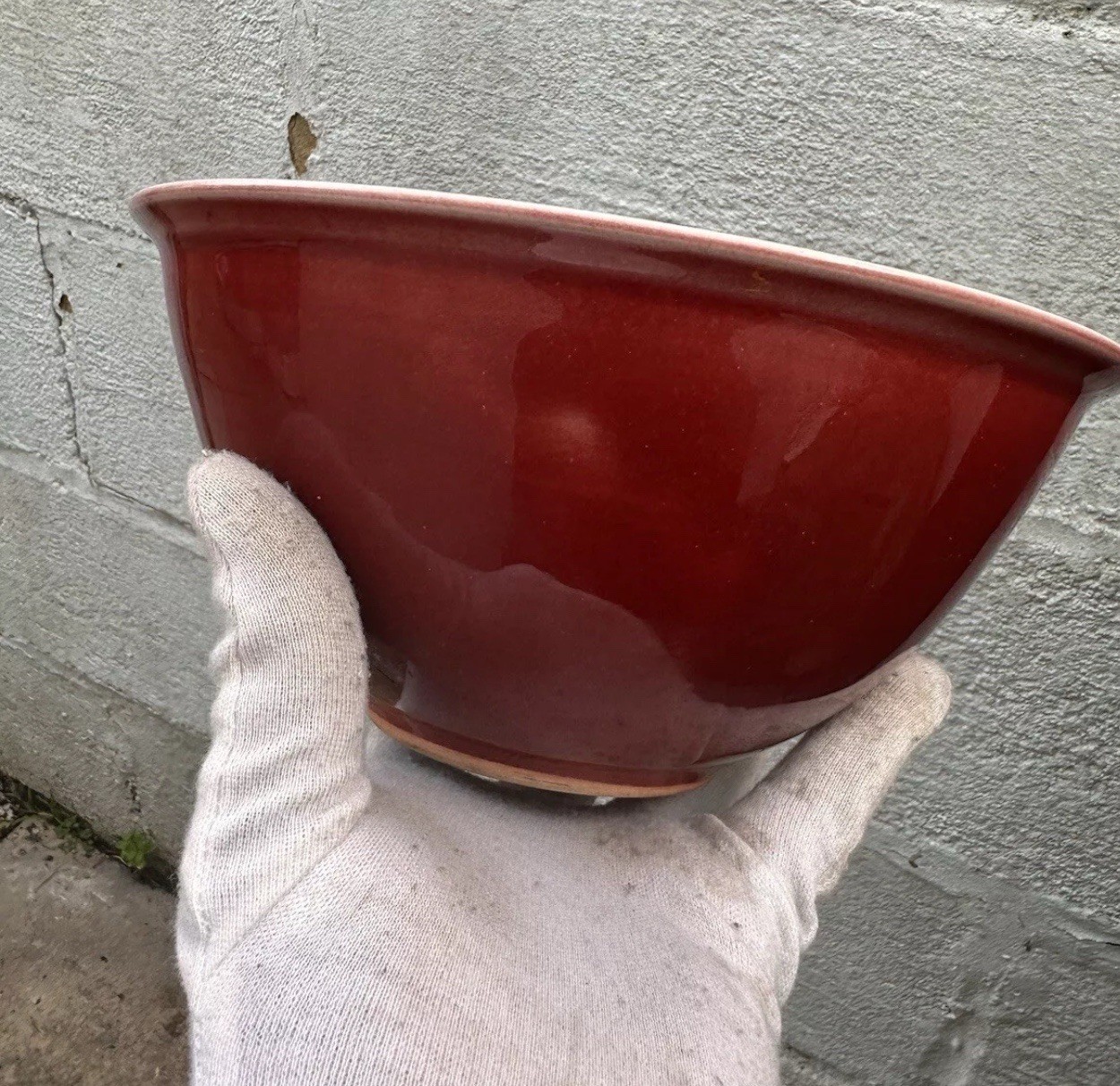 Large Antique Chinese Flambé Sang De Boeuf Oxblood Red Glazed Bowl .
