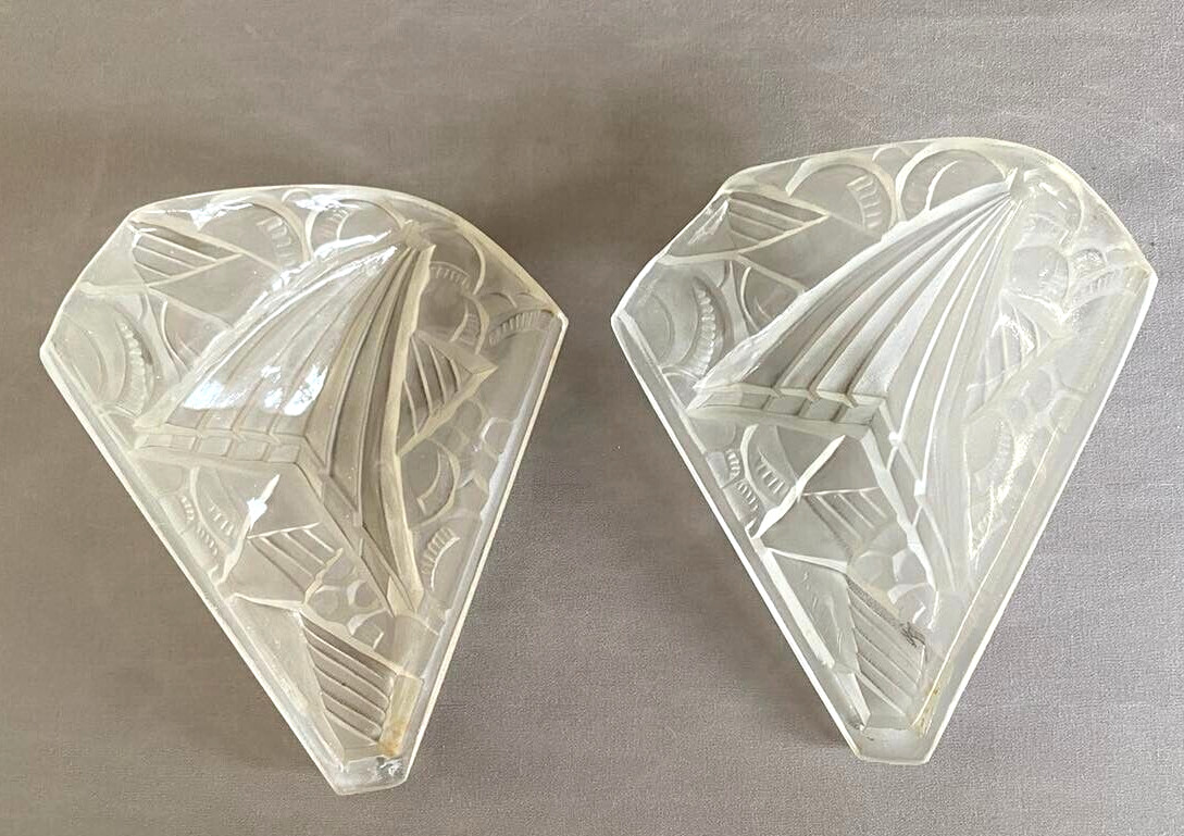 Rare Vintage Pair H. Mouynet France Art Deco Frosted Molded Glass Slip Shades