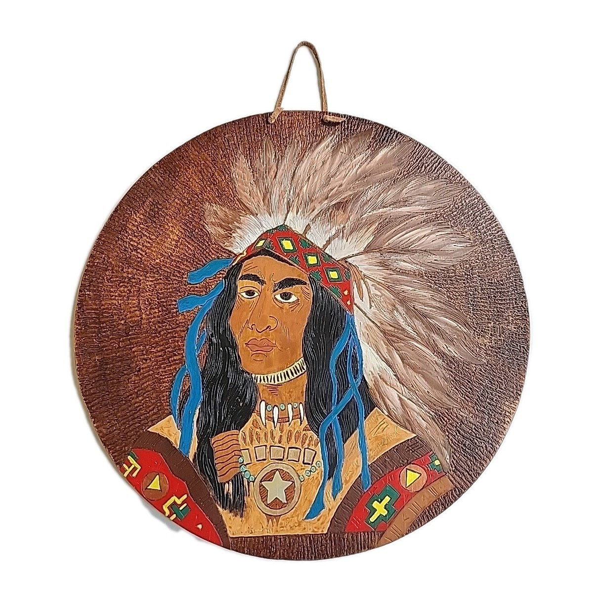 NATIVE AMERICAN INDIAN PLAQUE Pyrography 19.75″ Antique Round Wall Art