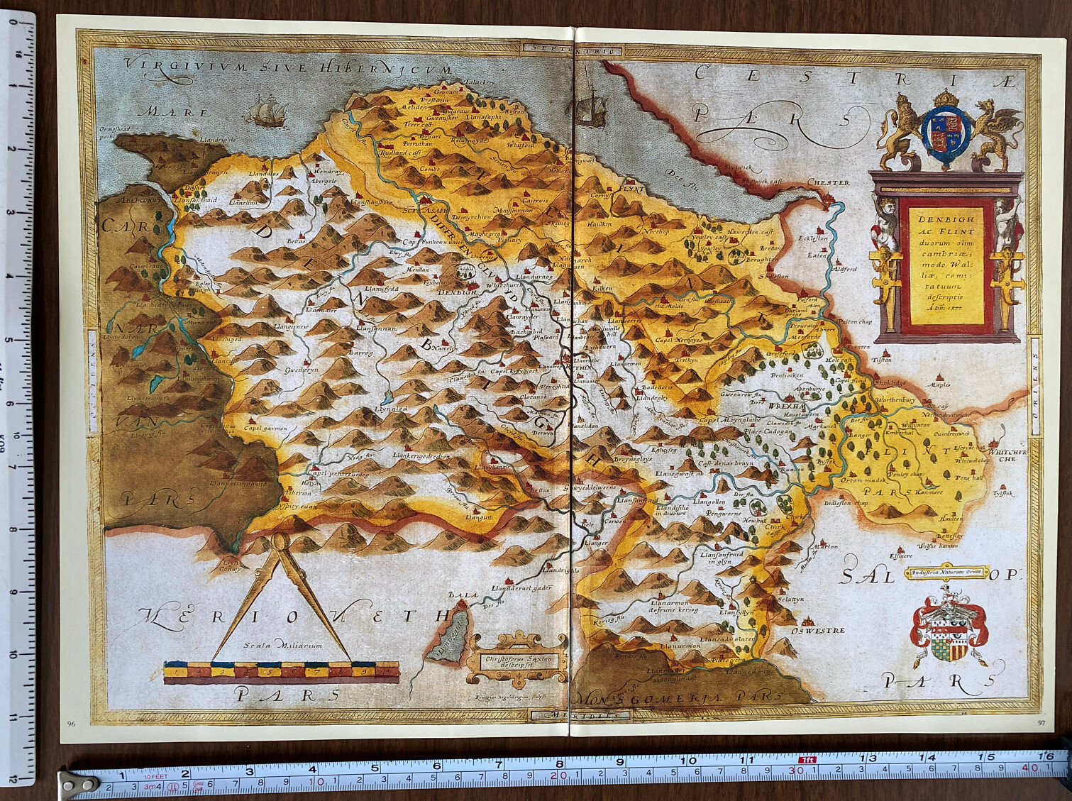 Old Tudor Saxton 1500’s Map Denbighshire, Flintshire Wales 1577 Antique Reprint