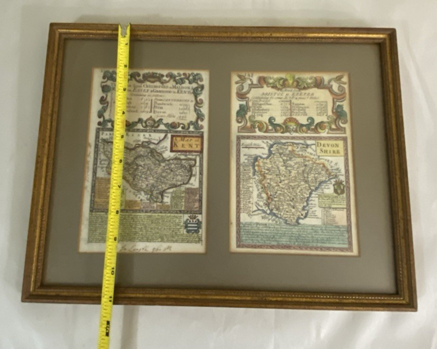 Bowen 18thC pocket maps Kent & Devon from Britannia Depicta hand colored framed