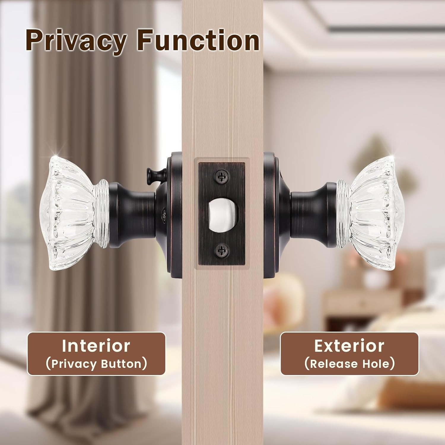 Modern round Crystal Door Knobs with Lock, Frosted Glass Design, Privacy Functio
