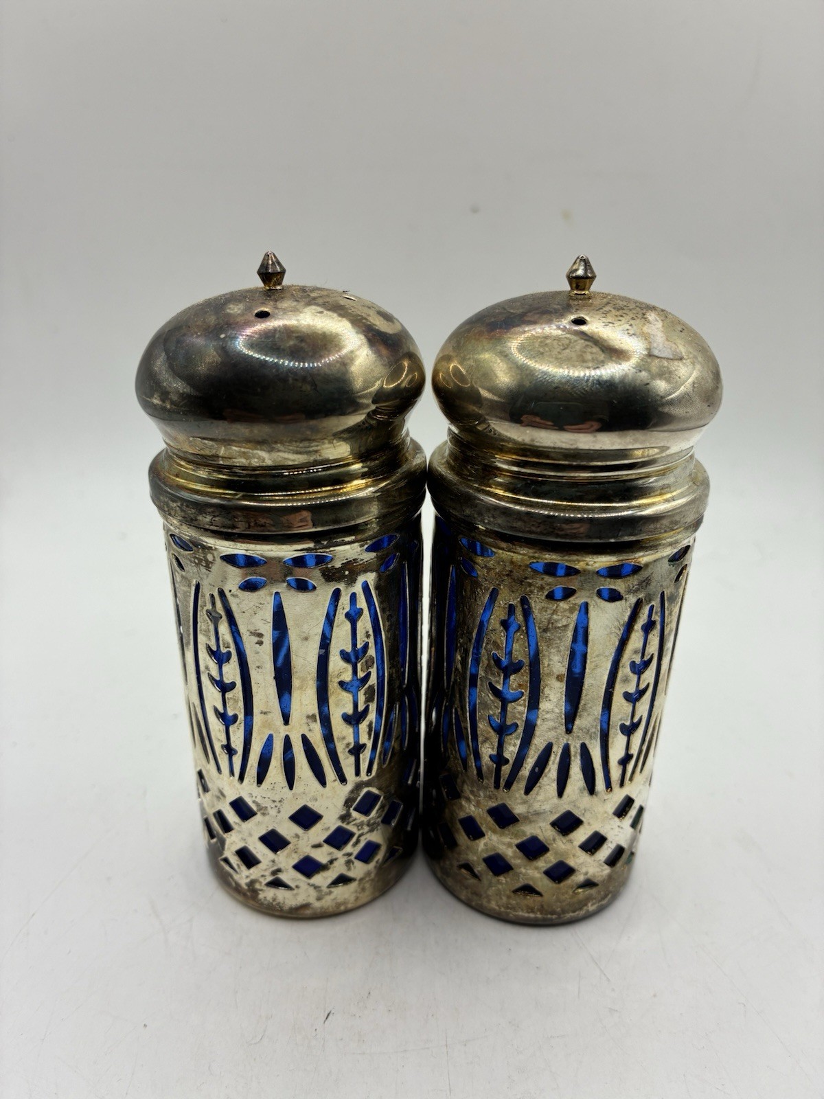 Vintage Silver Cobalt Blue Salt & Pepper Shakers Silver Plate Filigree
