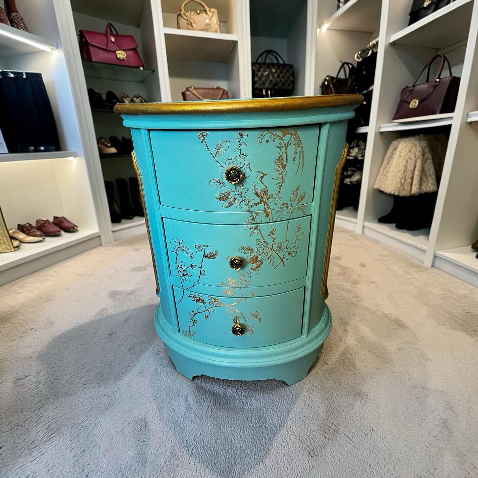 Hand Painted Tiffany Blue Vintage Chest Of Drawers With Gold Transfer