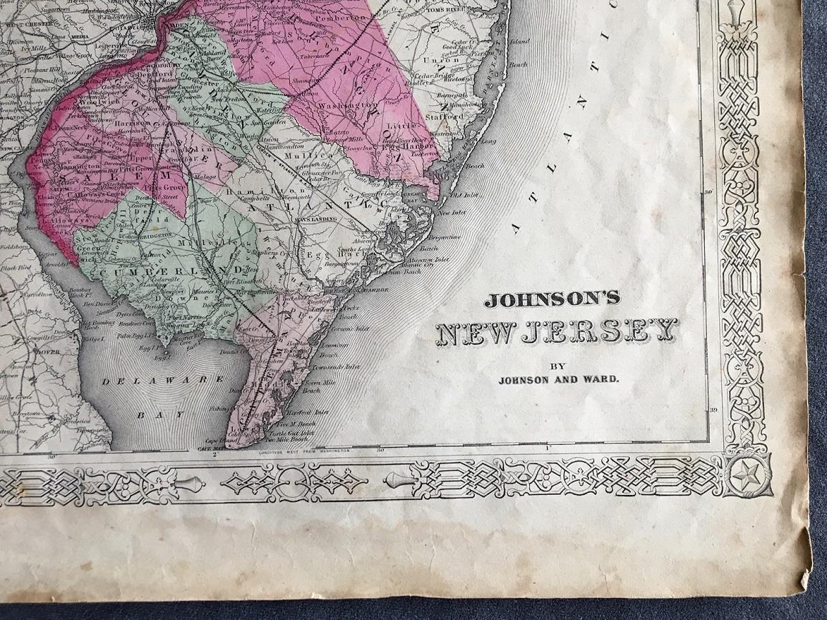 1864 NEW JERSEY Map Hand colored~Johnson & Ward 1864 Family Atlas~18 x 14 inches