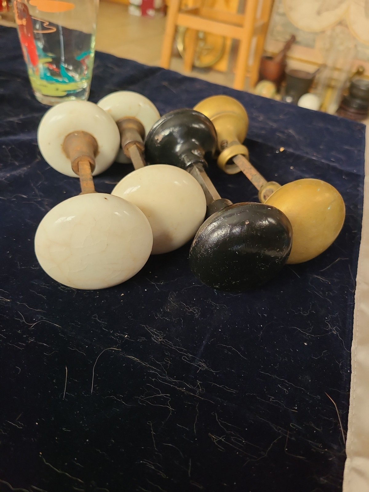 4 Sets Antique Door Knobs White Marble Brass & Pressed Steel