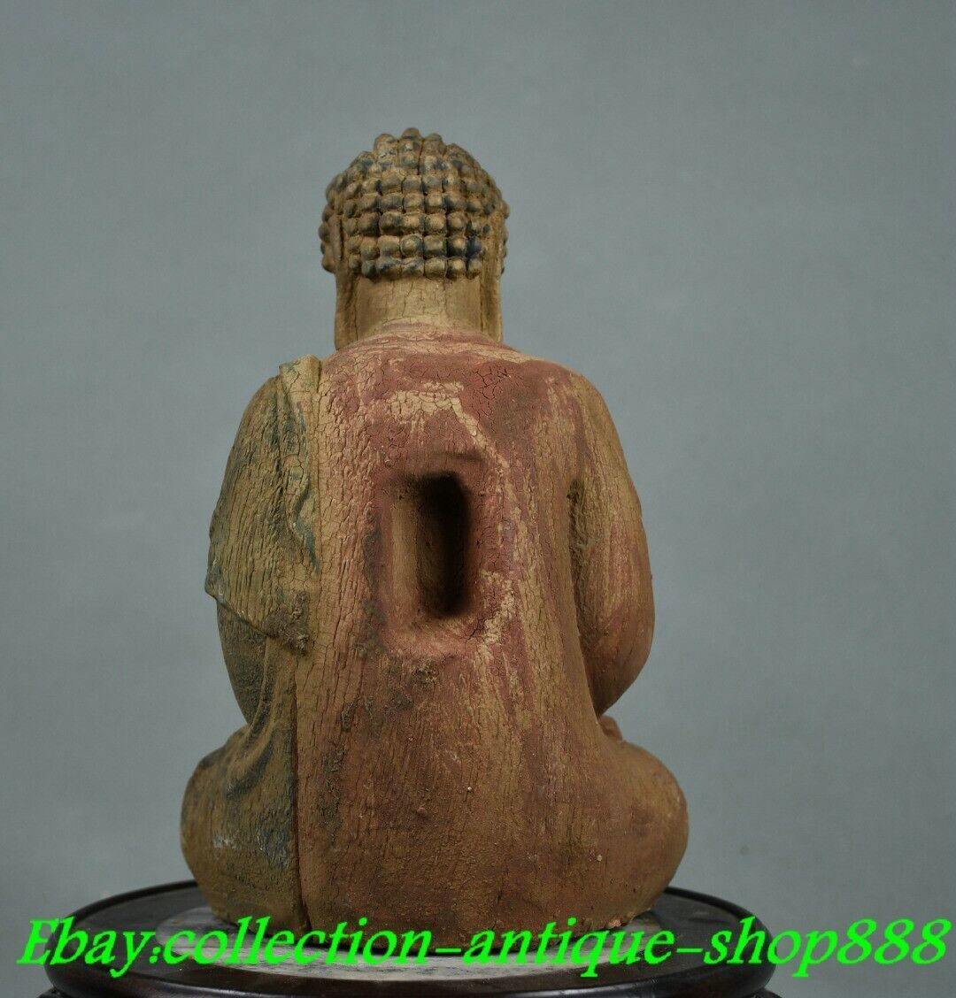 9″ Old Chinese Dynasty Wood lacquerware Shakyamuni Amitabha Buddha Statue