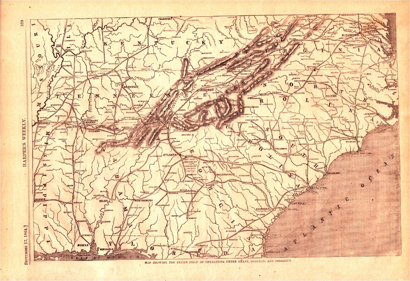 Tennessee Georgia Alabama Mississippi Confederate Railroad 1861 Civil War Map