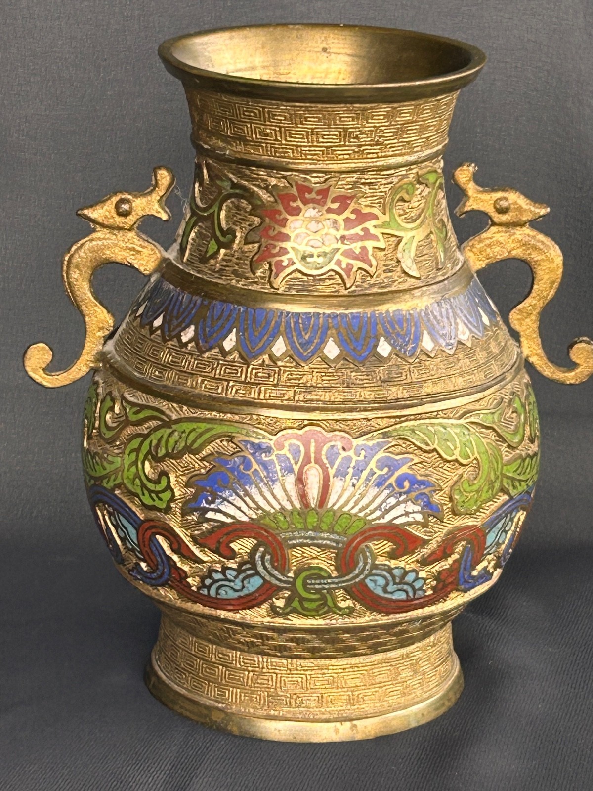 Antique Japanese Champleve Bronze Enamel Cloisonne Vase Made in Japan Stunning!