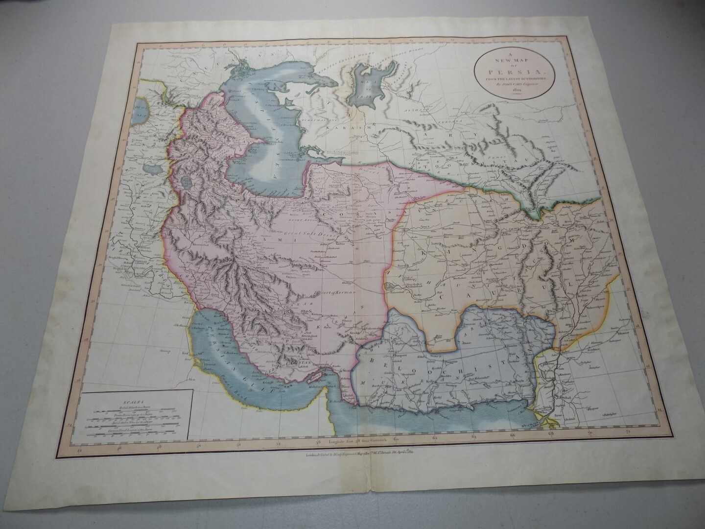 1824 Large Antique COLOR Map by John Cary / PERSIA / IRAN 20.5×22.75”
