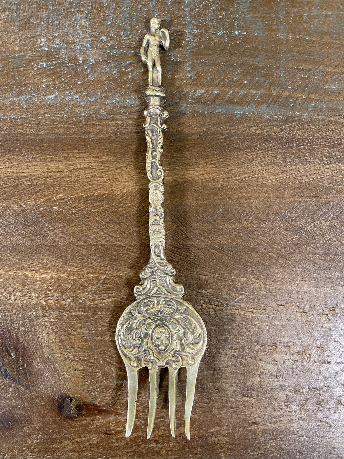 Antique Ornate Silvertone Serving Fork By Montagnani Italy Statue Of David 8”