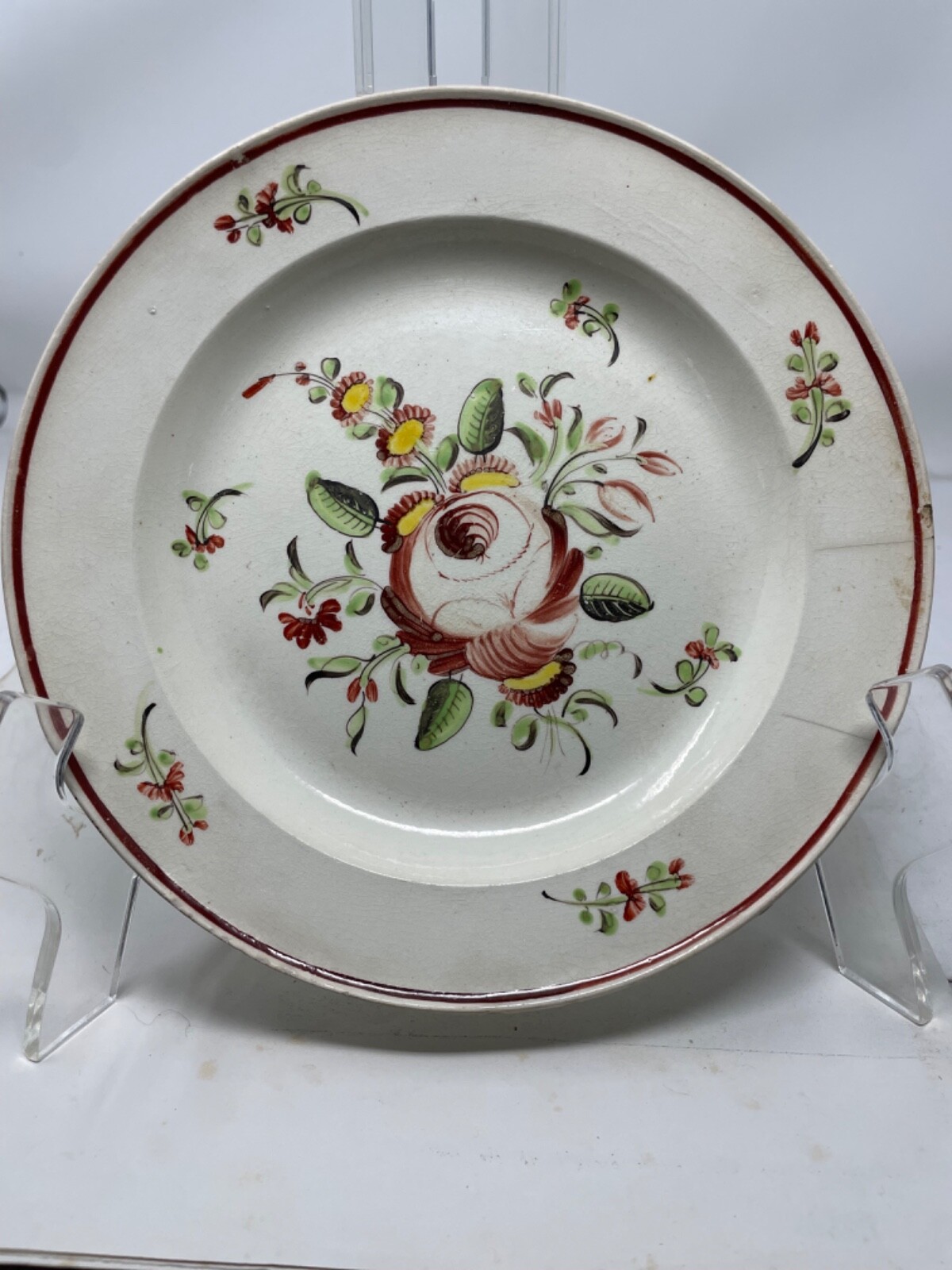 8.25″ Hand-Painted King’s Rose Cream Ware Plate Staffordshire Leeds ~1790 Meal
