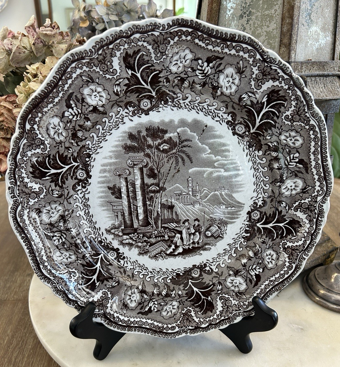 19TH century ENGLISH BROWN TRANSFERWARE – Acropolis Ruins 10.5″ Plate by T P