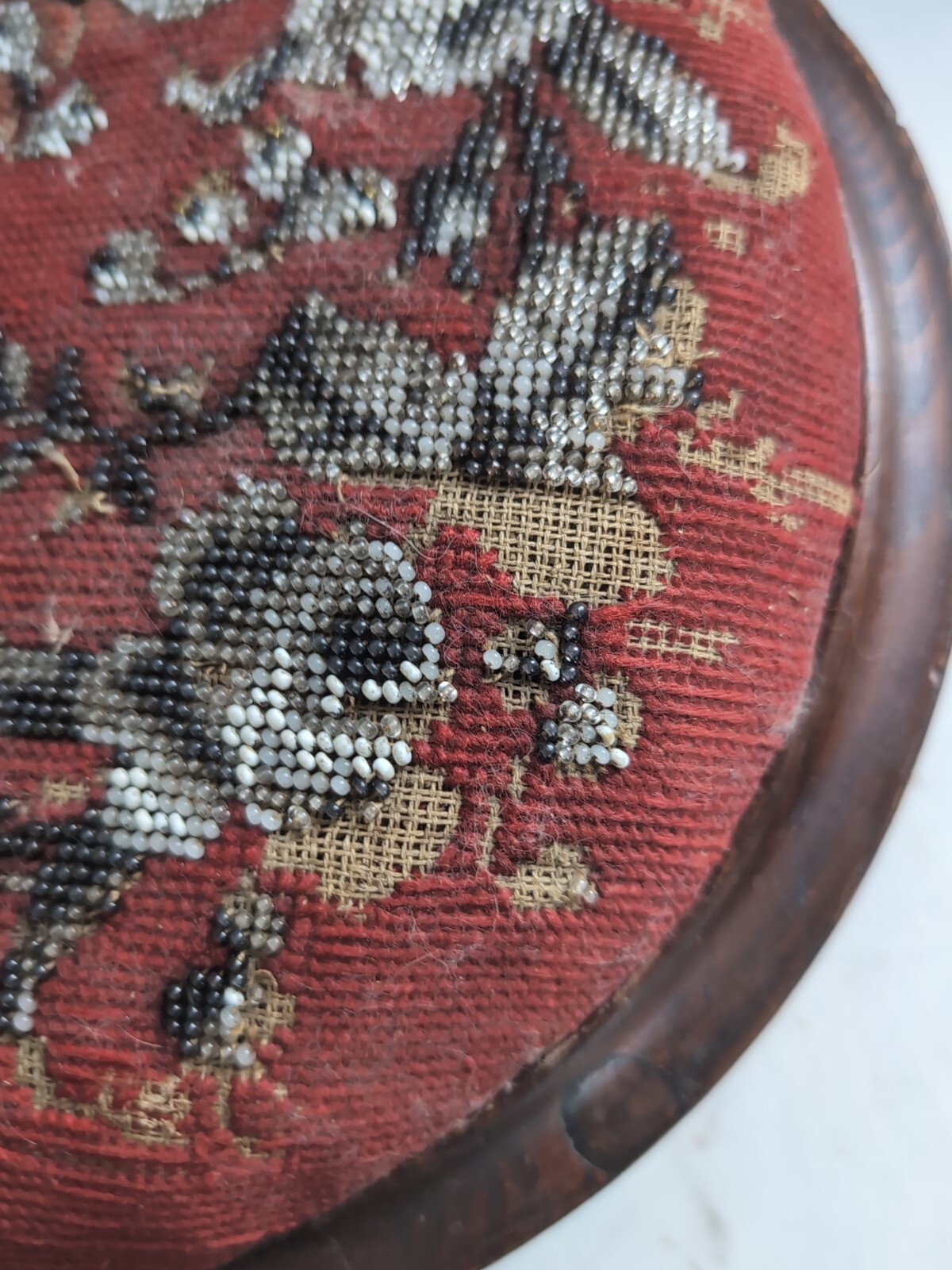 Antique Victorian 1860-1880 Tunbridge Walnut Stool w/ Beaded Upholstery