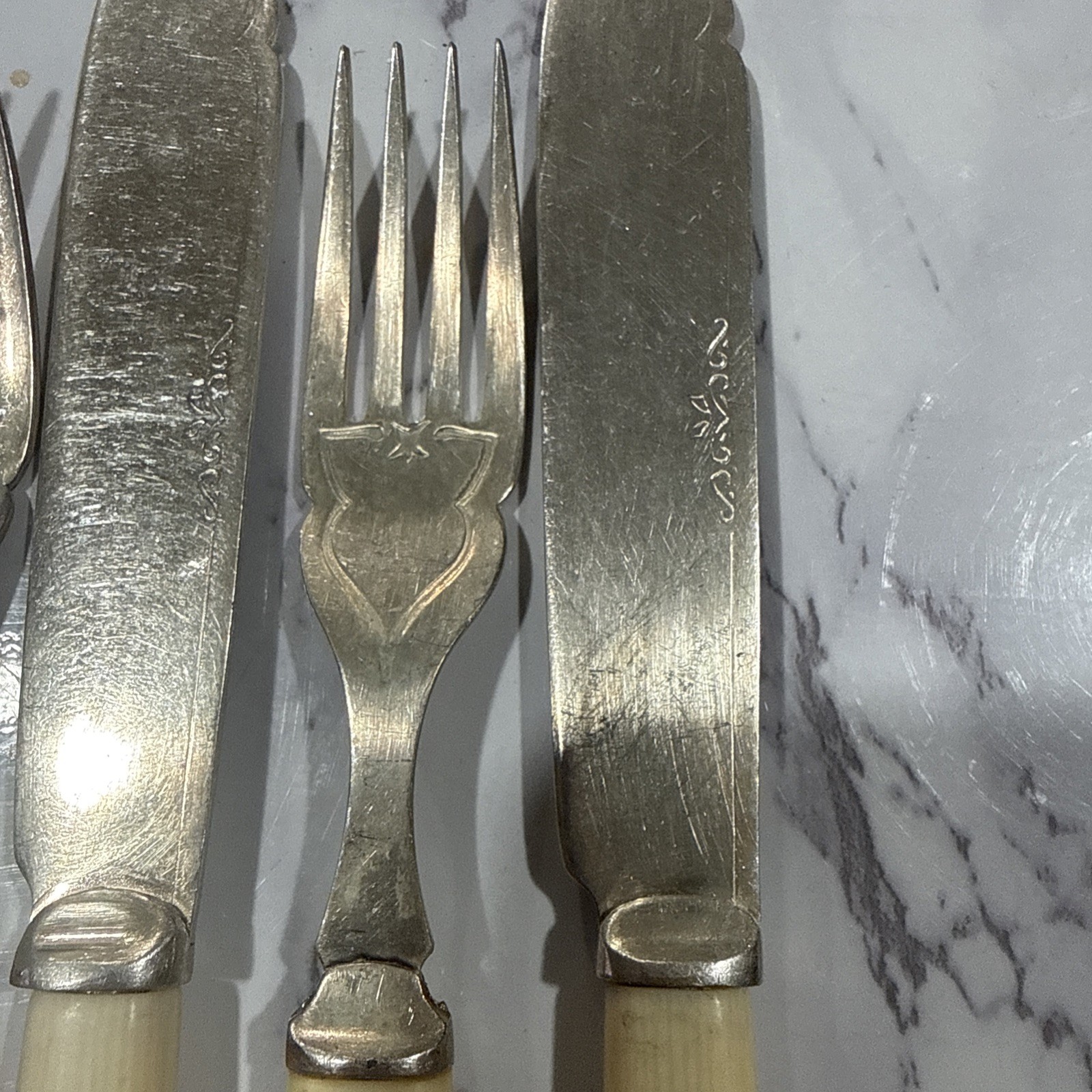 6 Sets Antique Fish Serving Knife & Fork Silver Plate Celluloid Handles D&S G