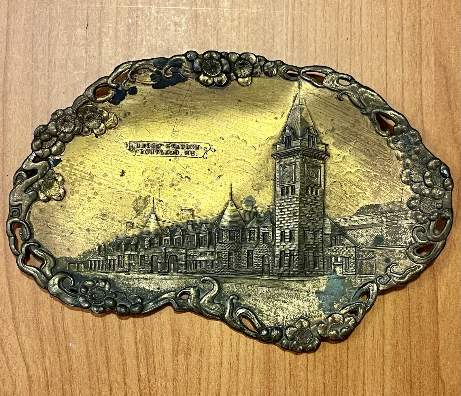 Vintage Union Station Portland ME Souvenir Metal Tray Plate Floral Border