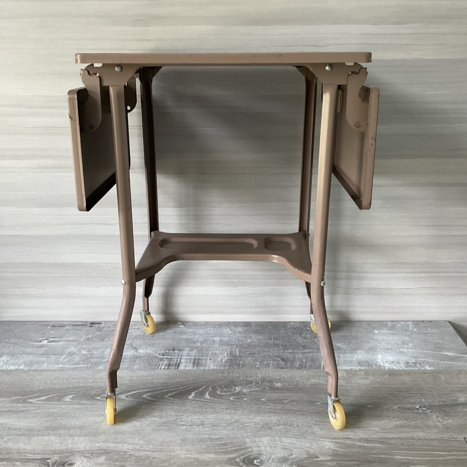 Vintage MCM Tan light metal Typewriter Cart Stand Table on Wheels Drop Leaf 27″