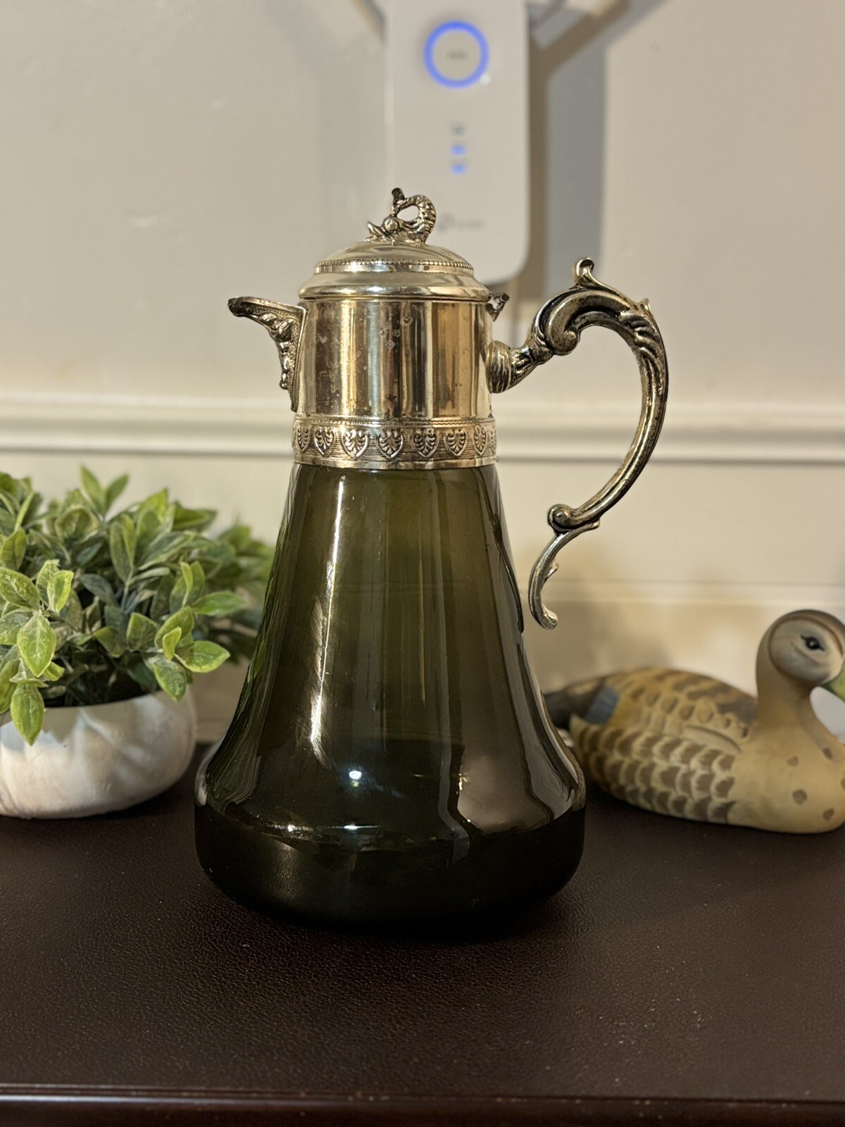 Mid Century Eisenberg-Lozano Silverplate Olive Green Glass Pitcher