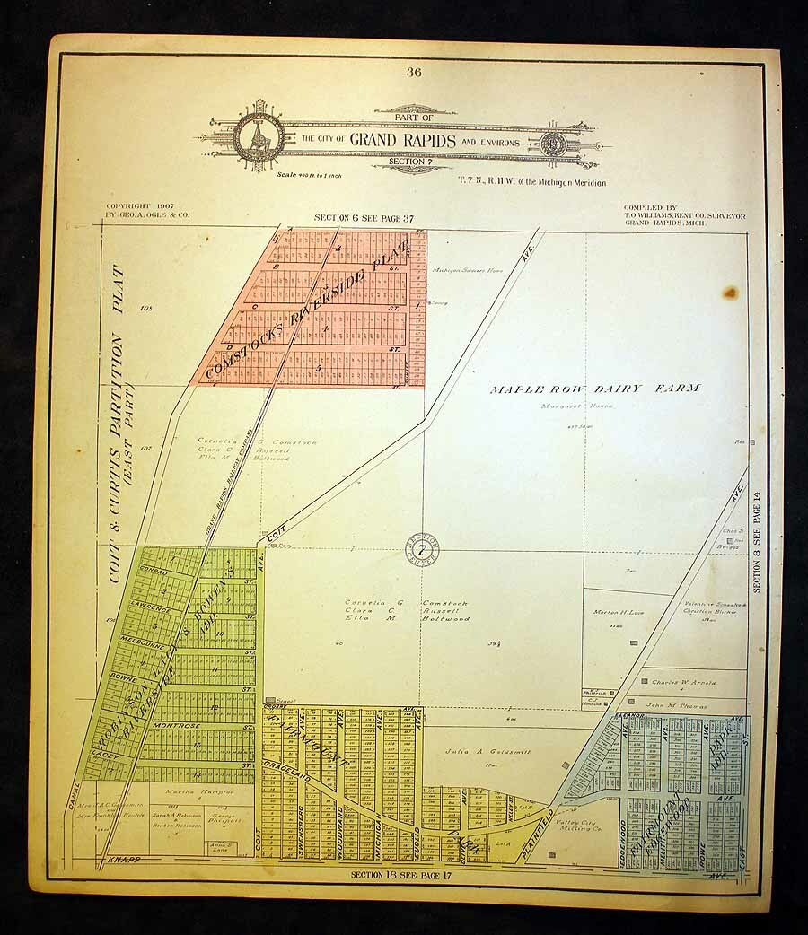 City of Grand Rapids 1907 Plat Map Alpine River Road Coit Curtis Maple Row Dairy