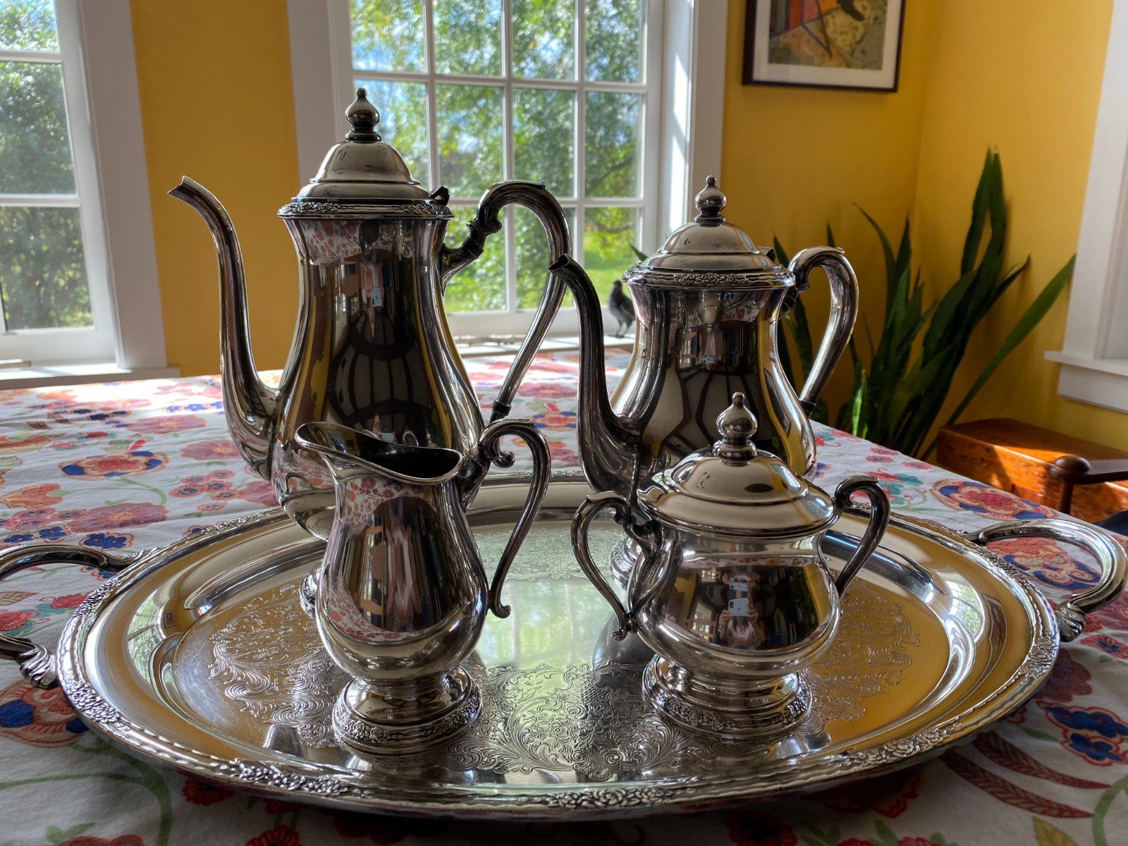 Vtg International Silver Plated Camille Coffee & Tea Pots, Creamer & Sugar bowl