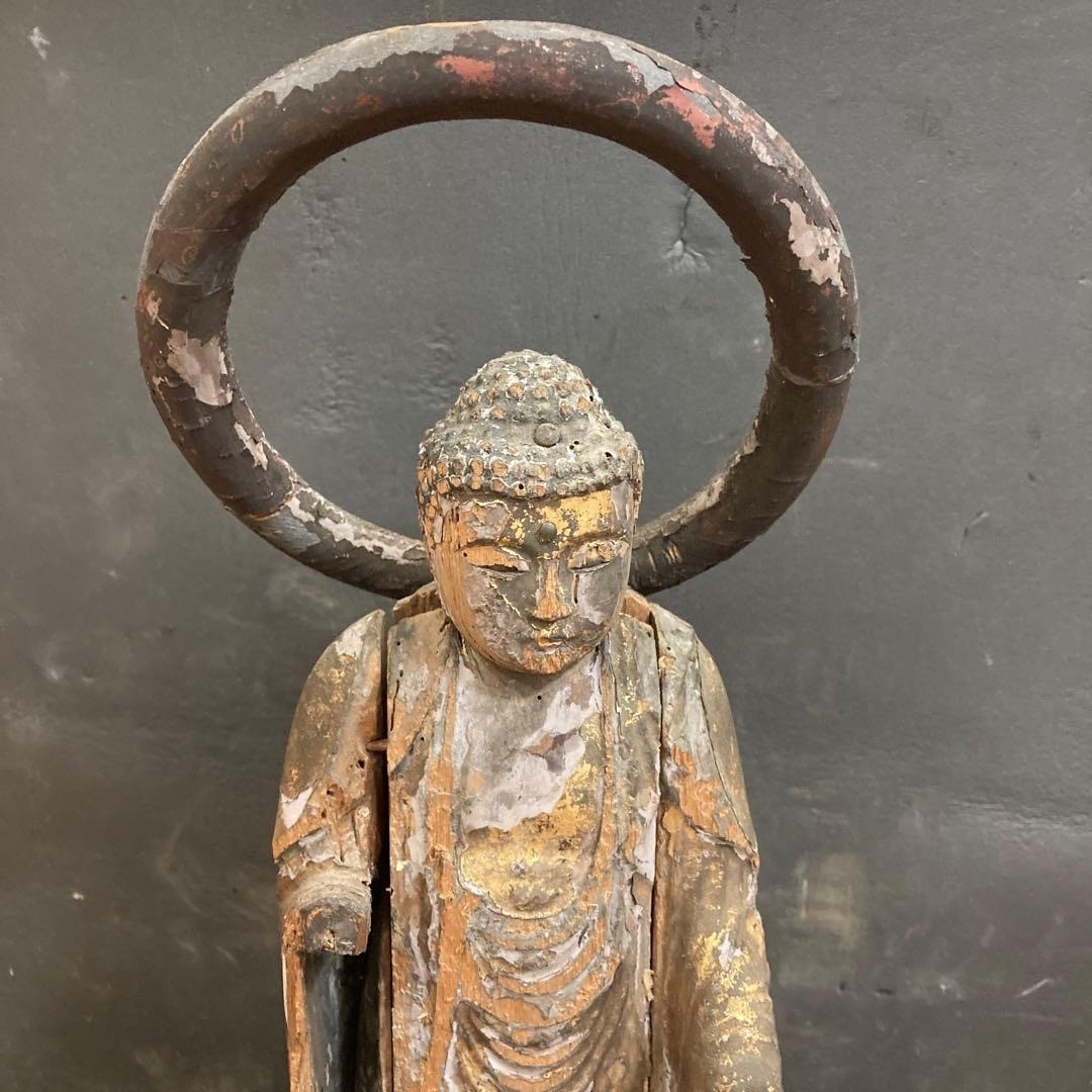 Japanese Antique Muromachi era Wood Carved Amida-Nyorai Amitabha Buddha Statue