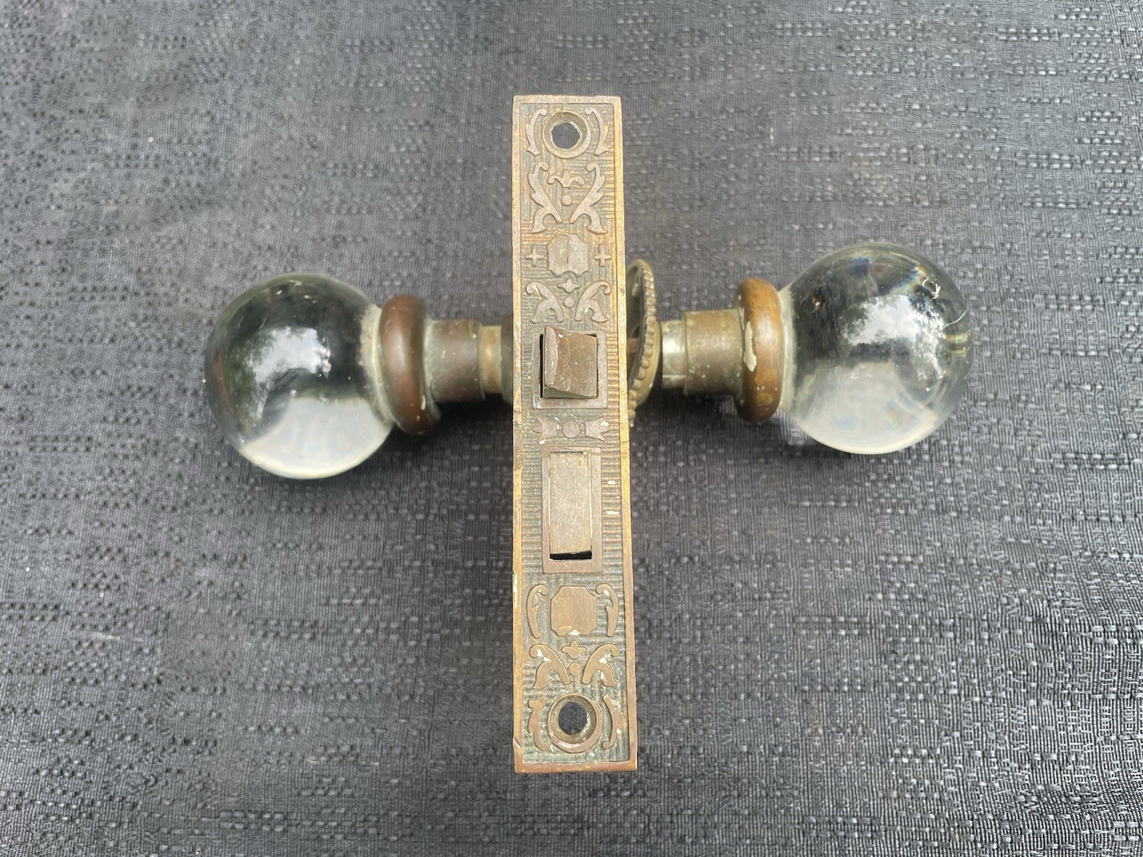 Vintage Set Brass Glass Door Knob Eastlake Mortise Rosettes Lock Set Restore