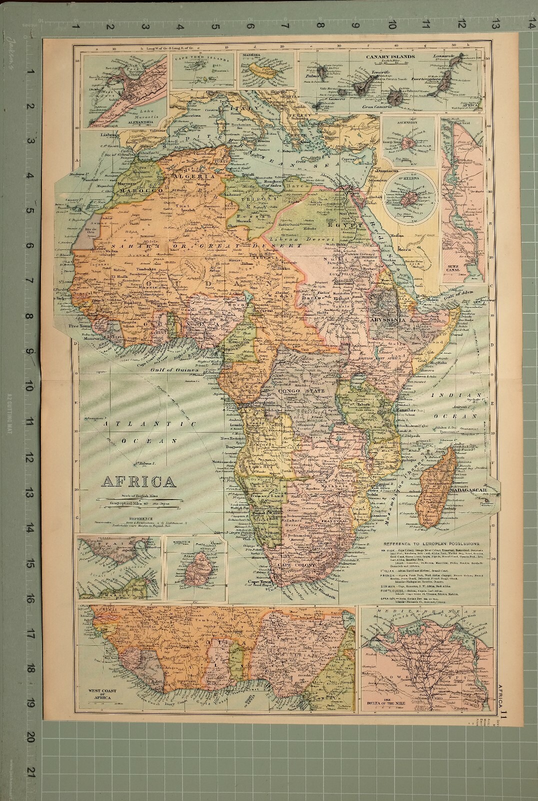 1908 MAP AFRICA MAURITIUS CONGO STATE GUINEA SOUDAN MAROCCO ST HELENA EGYPT