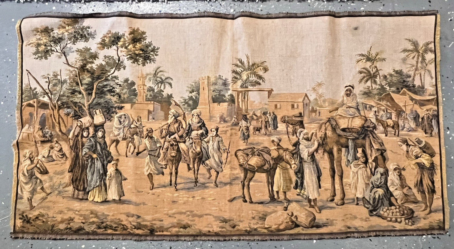 Vintage Arabian Middle Eastern Market Scene Tapestry Made In Belgium 36 x 19.5″