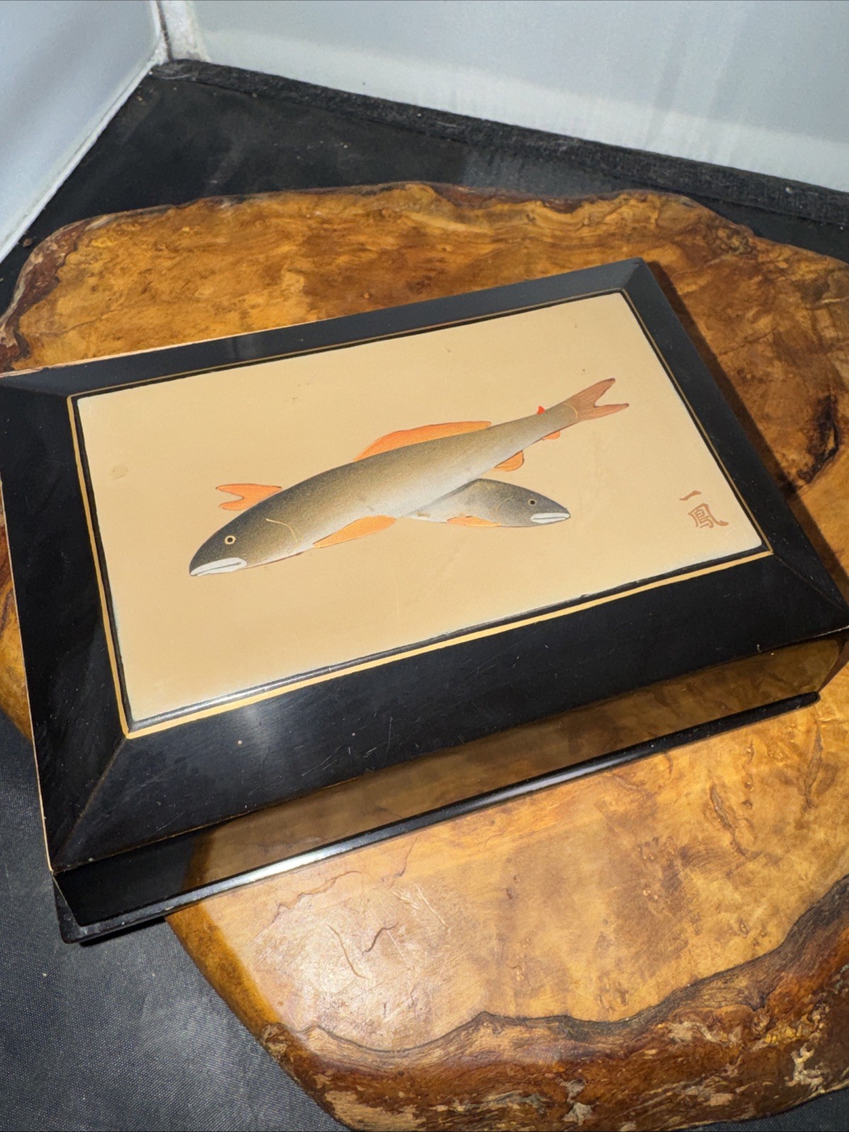 Utagawa Hiroshige Japanese Storage Lacquer Box Ayu River Trout (W)
